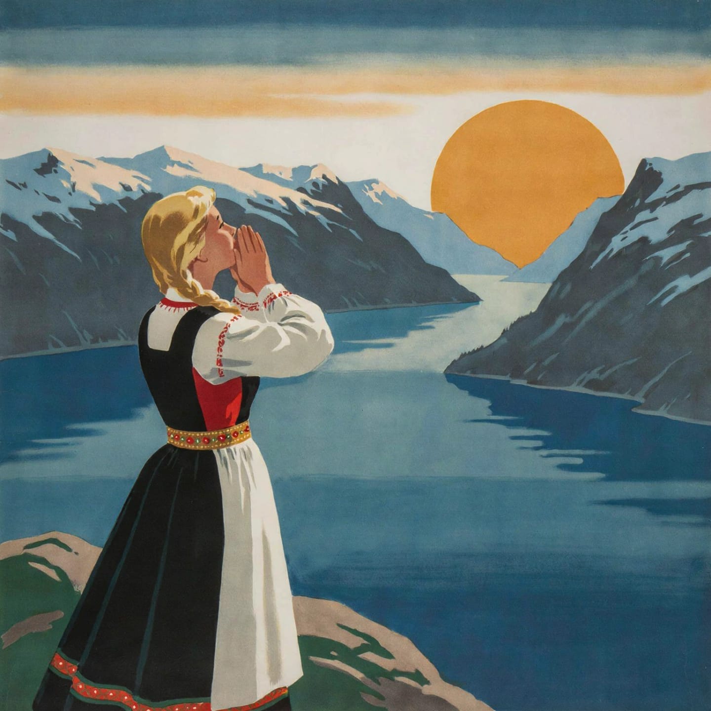 A woman in Norwegian folk dress standing on a clifftop, hands cupped around her mouth, calling out across a fjord at sunrise.
